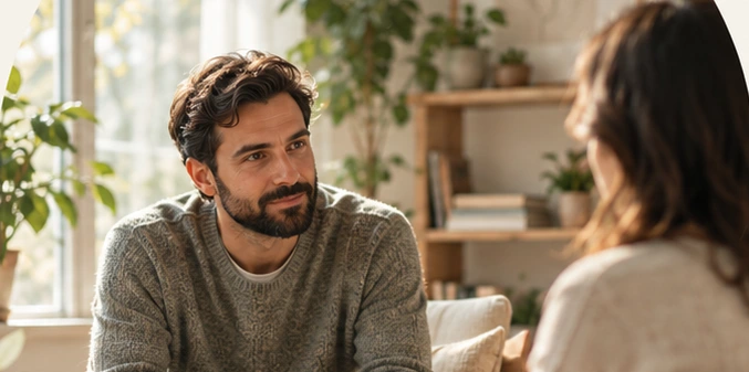 Persona conversando con su terapeuta en un ambiente acogedor